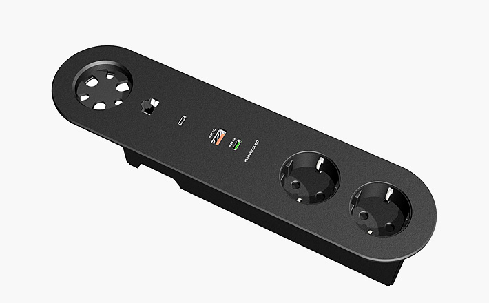 CARIQ L with 2 sockets, USB-C/A chrging, USB-C and LAN connector and cable grommet.